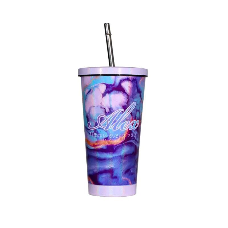 Sublimation Car Products,500ml Stainless Steel Rainbow Straw  Car Cup - Purple